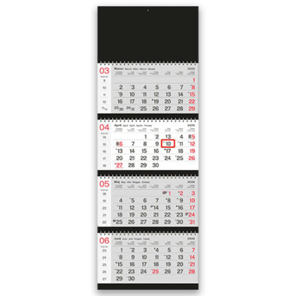 Štiridelni špiralni koledar 2026 – štiridelni koledarji z barvnimi pregledi, ki olajšajo organizacijo mesečnih obveznosti.