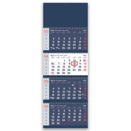 Štiridelni špiralni koledar 2026 – praktični in barvni štiridelni koledar za načrtovanje, idealen za domačo ali pisarniško uporabo.