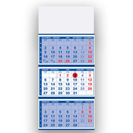 Tridelni lepljen koledar 2026 – Praktični lepljeni koledarji 2026 v tridelni izvedbi, kakovosten poslovni koledar.