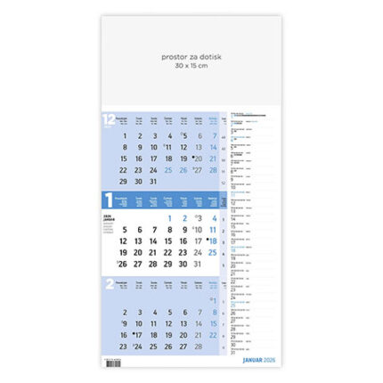 trimesečni koledar s planerje, tridelni koledar s planerjem, koledar s planerjem, koledar s prostorom za zapiske